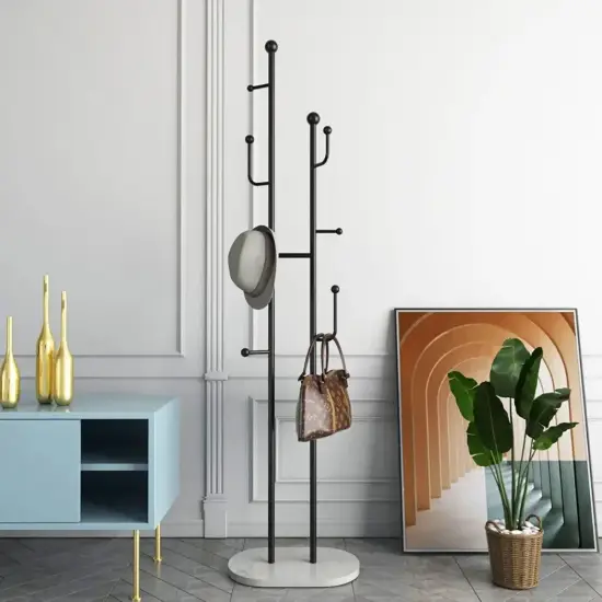 400mm Modern Entryway Freestanding Coat Rack Metal 7 Hooks Marble Base in Black
