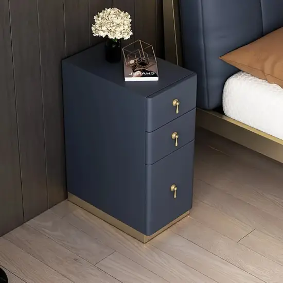Modern Blue 3-Drawer Bedside Table with Faux Leather Upholstery