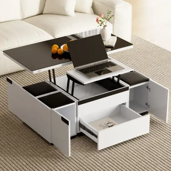 Modern Tempered Glass Lift-Top Coffee Table with Drawers
