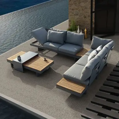 Picture of Tevara 4-Piece Outdoor Teak & Aluminium Modular Sofa Set with Coffee Table for 6 in Grey