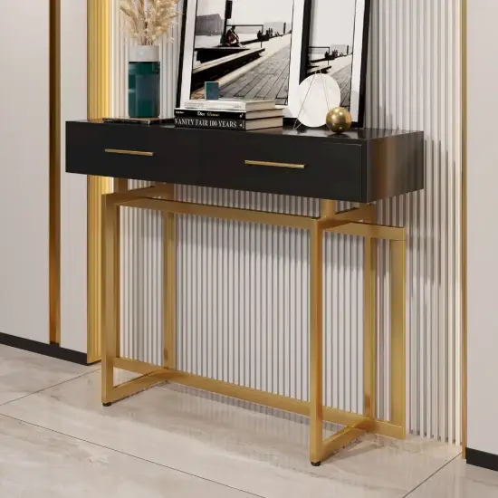 1000mm Modern Narrow Black Console Table with Storage Drawers and Metal Legs in Gold