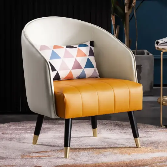 Faux Leather Upholstered Barrel Accent Chair with Pillow & Metal Legs – White