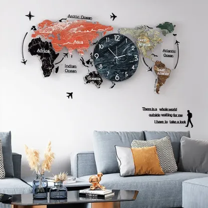 Modern 29.1" Acrylic World Map Wall Clock with Plug-In LED Display – 740mm