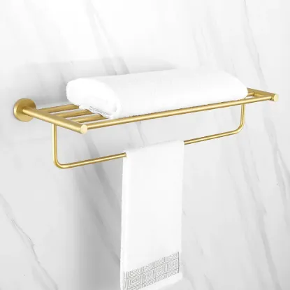 610mm Wall Mounted Brass Bathroom Shelf with Towel Rack in Brushed Gold