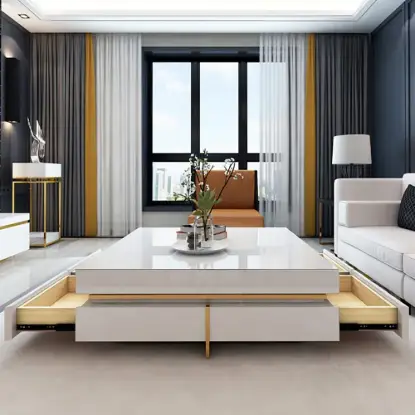 Picture of White Modern Square Coffee Table with Drawers Tempered Glass Top & Metal Legs