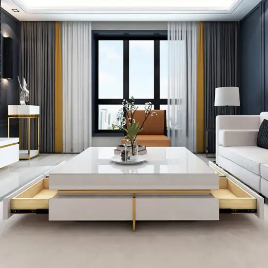 Picture of White Modern Square Coffee Table with Drawers Tempered Glass Top & Metal Legs