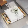 Picture of White Modern Square Coffee Table with Drawers Tempered Glass Top & Metal Legs