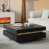 Black Modern Square Coffee Table with Drawers Tempered Glass Top & Metal Legs