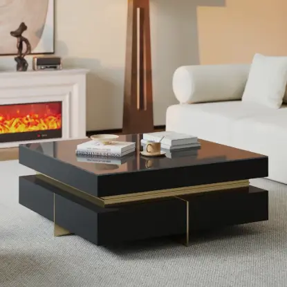 Picture of Black Modern Square Coffee Table with Drawers Tempered Glass Top & Metal Legs