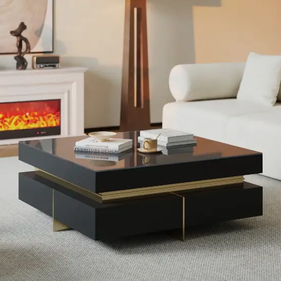 Black Modern Square Coffee Table with Drawers Tempered Glass Top & Metal Legs