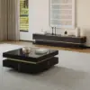 Black Modern Square Coffee Table with Drawers Tempered Glass Top & Metal Legs