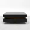 Black Modern Square Coffee Table with Drawers Tempered Glass Top & Metal Legs