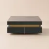 Black Modern Square Coffee Table with Drawers Tempered Glass Top & Metal Legs