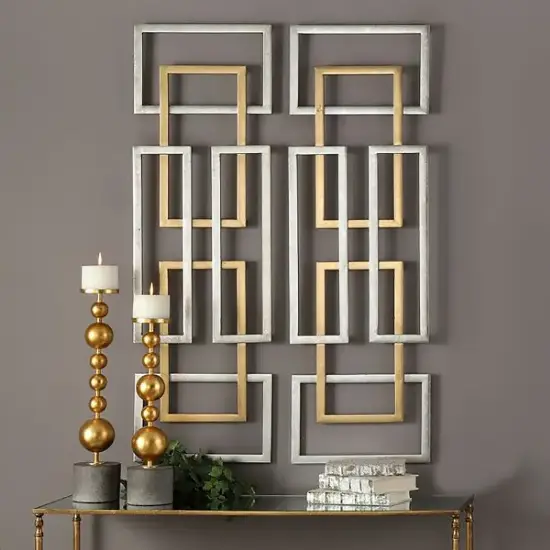 Picture of 2 Pieces Big Metal Wall Decor Set Modern Gold & Silver Rectangle Art Living Room Bedroom