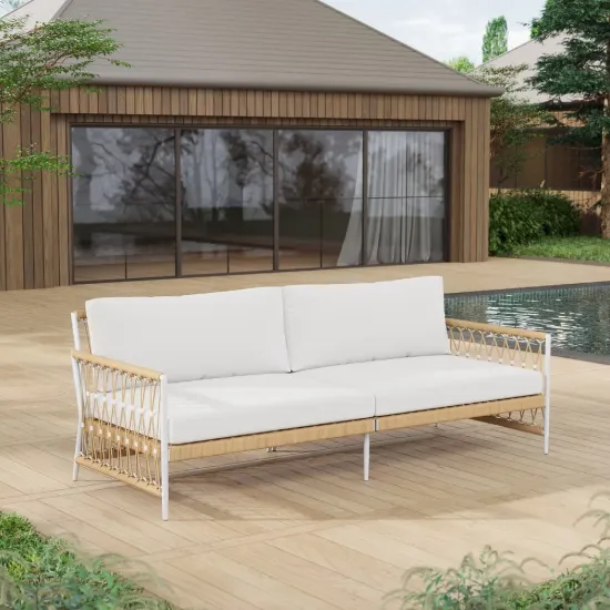 Picture of Ropipe Woven Rope Outdoor Sofa 3-Seater Sofa with White Polyester Pillow Cushion