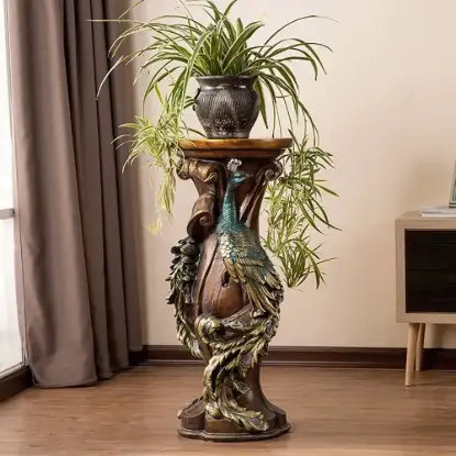 825mm Rustic Resin Peacock Plant Stand Indoor Multi-Colored Freestanding Planter