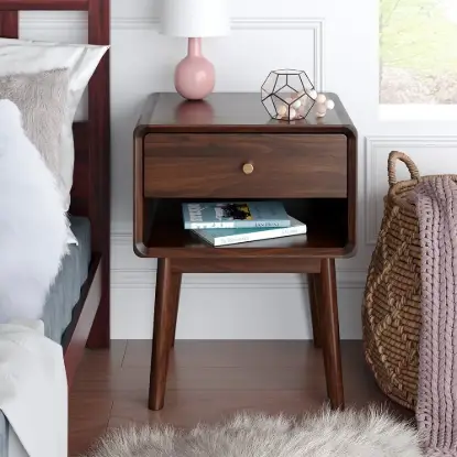 Picture of Mid-Century Modern Walnut Pine Wood Nightstand