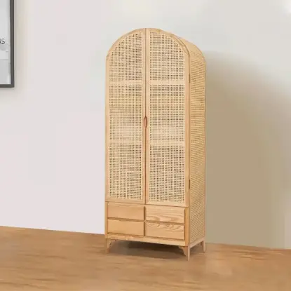 Japandi Woven Rattan Armoire Wardrobe with 2 Doors and 4 Drawers Closet Cabinet