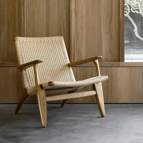 Picture of Japandi Solid Wood Outdoor Patio Lounge Chair Armchair Kraft Paper Rope Woven Seat