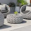 Modern Faux Marble Top Round Outdoor Coffee Table with Textilene Rope Woven Base in Grey
