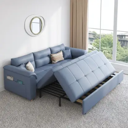 Picture of 188 cm Full 2-Seater Faux Leather Pull-out Sleeper Sofa with Storage and Side Pockets