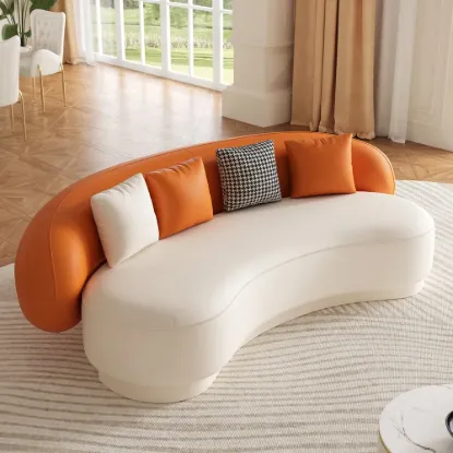 Suncurve 210 cm Performance Leather Curved Upholstered Sofa with Pillows – Orangewhite