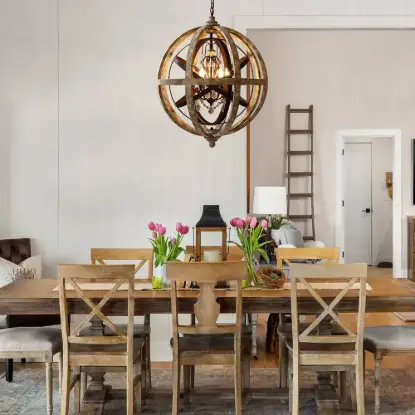 Retro Rustic Weathered Wooden Globe Metal Orb Crystal 5-Light Chandelier Medium