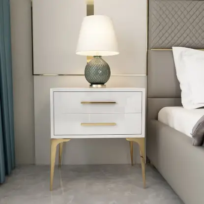 Picture of Modern Glossy White Bedside Table with 2 Storage Drawers & Sturdy Tall Elevated Legs