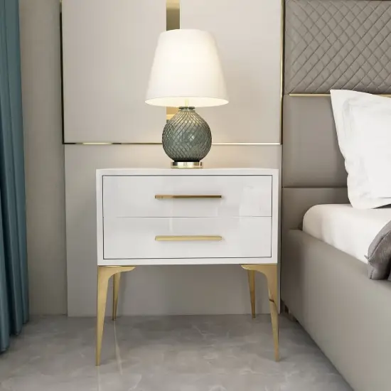 Modern Glossy White Bedside Table with 2 Storage Drawers & Sturdy Tall Elevated Legs