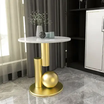 Picture of Round Marble Stone Top End Table with Abstract Metal Base Modern White Side Table