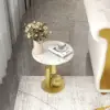 Round Marble Stone Top End Table with Abstract Metal Base Modern White Side Table