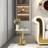 Round Marble Stone Top End Table with Abstract Metal Base Modern White Side Table