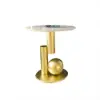 Round Marble Stone Top End Table with Abstract Metal Base Modern White Side Table