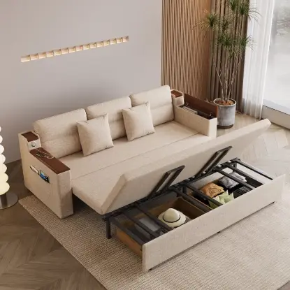 Picture of 2108 cm 3-Seater Cotton & Linen Pull-out Sofa Bed with Storage – Beige Full Sleeper