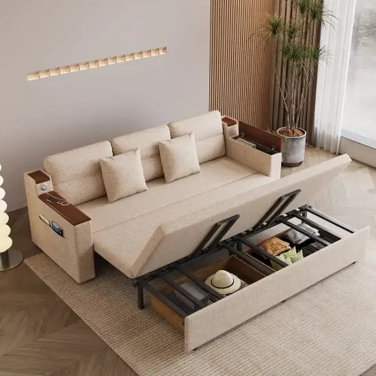 2108 cm 3-Seater Cotton & Linen Pull-out Sofa Bed with Storage – Beige Full Sleeper