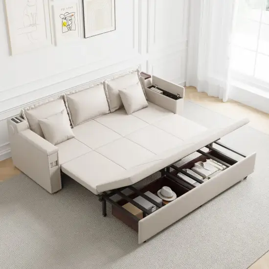 2100 mm Convertible Bed Full Sleeper Sofa Leath-aire Upholstered Storage with Speaker