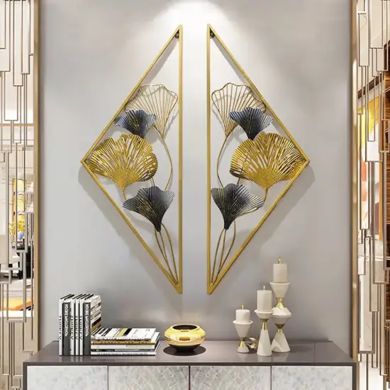 900mmH 2 Pieces Metal Triangular Wall Decor Hollow-out Ginkgo Leaves Floral Art