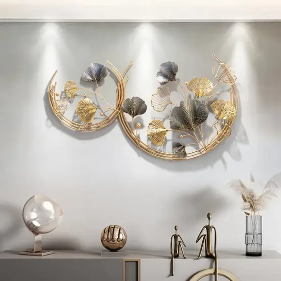 Picture of Modern 3D Hollow-out Ginkgo Leaves Wall Decor Home Metal Round Wall Art in Gold & Gray