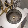 Picture of 390mm Countertop Transparent Diamond Shaped Crystal Glass Bathroom Wash Basin in Black