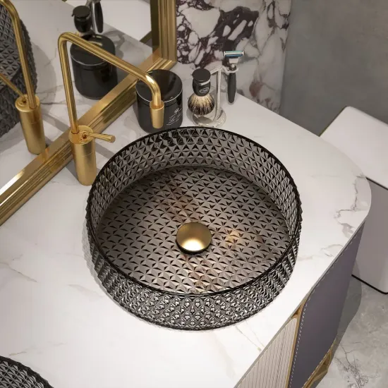 Picture of 390mm Countertop Transparent Diamond Shaped Crystal Glass Bathroom Wash Basin in Black