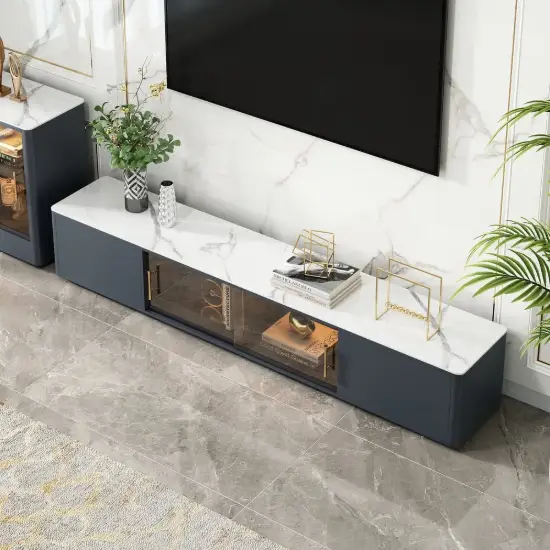 Modern 2007 mm TV Stand with Sintered Stone Top, Glass Doors & 4 Drawers