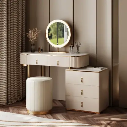 Picture of Pewter Extendable Sintered Stone Top Makeup Vanity with 5 Drawers