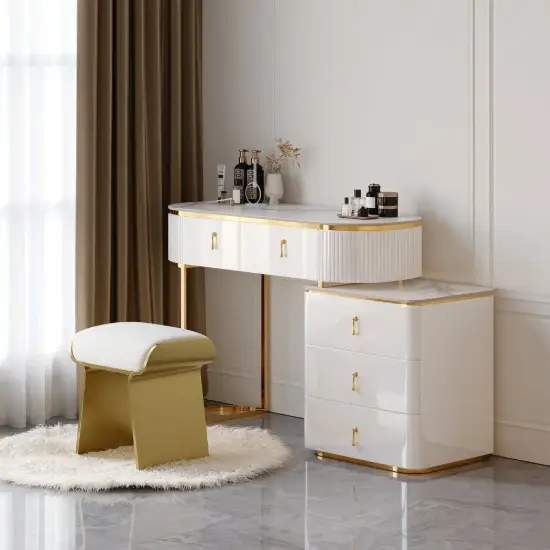 Pewter Extendable Sintered Stone Top Dressing Table with 5 Drawers