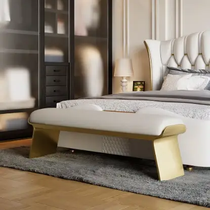 Upart Beige Modern Stainless Steel Bench Leath-Aire Upholstered Bedroom Long Bench – 100cm