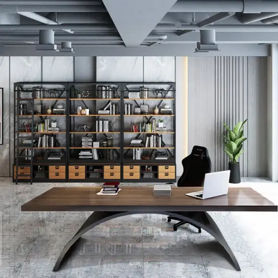Industrial 180 cm Rectangular Walnut Wood Desk with Metal Base
