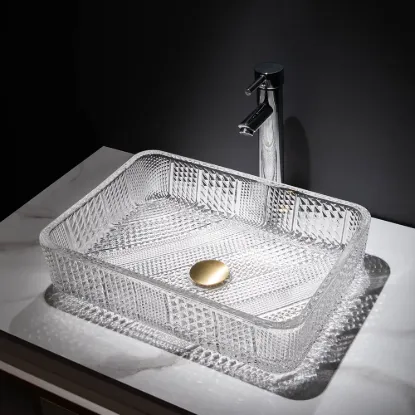 Modern Glass Rectangle Transparent Bathroom Countertop Basin Clear Wash Basin with Drain
