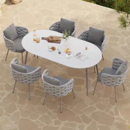 7 Pieces 1800mm Outdoor Sintered Stone Top Dining Table Set with Rope Woven Armchairs