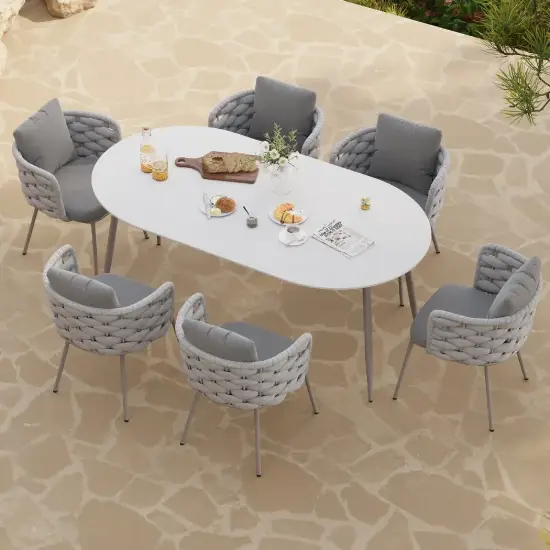 7 Pieces 1800mm Outdoor Sintered Stone Top Dining Table Set with Rope Woven Armchairs
