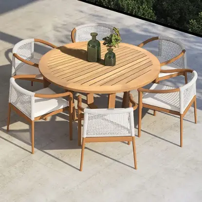 7 Pieces Teak Outdoor Dining Set Wood Round Dining Table with 6 Chairs in Natural