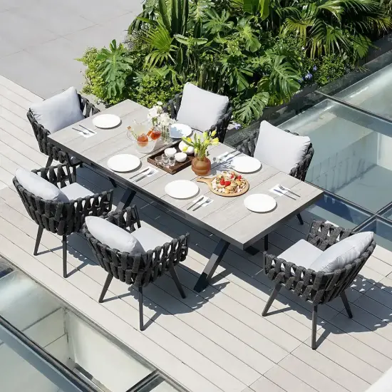 7-Piece Outdoor Extendable Dining Set with 6 Rope Weave Chairs (163 cm - 214 cm) in Grey